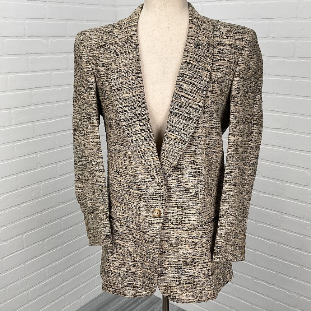 Barrie Pace Blazer Women Medium Black Tan Woven‎ Tweed Shawl Neutral Classic USA